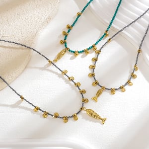 1 Piece Stylish Fish Stainless Steel Gold Color Natural Stone Women's Beaded Necklaces h5 Picture3