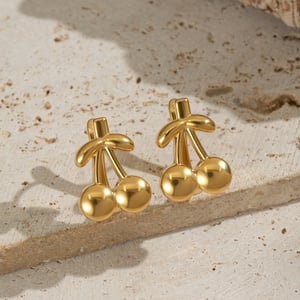 1 Pair Sweet Cherry Stainless Steel Gold Color Stud Earrings h5 Picture3