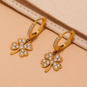 1 Pair Elegant Clover Stainless Steel Gold Color Zircon Women's Drop Earrings h5 Picture2
