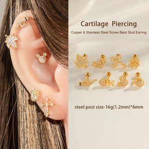 1 Piece Cross Copper Gold Color Zircon Piercing Earring h5 Picture4
