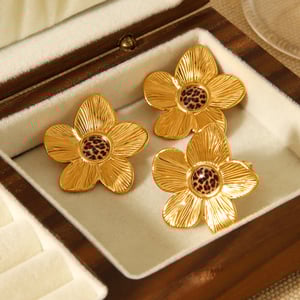 1 Pair Retro Flower Stainless Steel  Leopard Gold Color Earring Set h5 Picture5