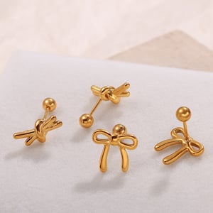 1 Pair Bow Knot Stainless Steel Gold Color Rhinestone Piercing Earrings h5 Picture2