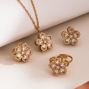 Classic Flower Rotatable Stainless Steel Gold Color Zircon Women's Jewelry Sets h5 Picture4