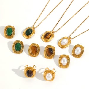 Set di collana con pietra naturale color oro in acciaio inossidabile rettangolare retrò h5 Immagine3