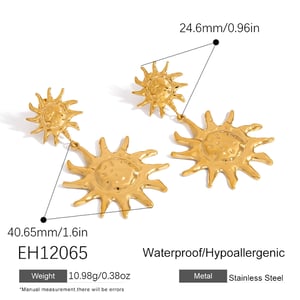 1 Pair Retro Sun Stainless Steel  Gold Color Drop Earrings h5