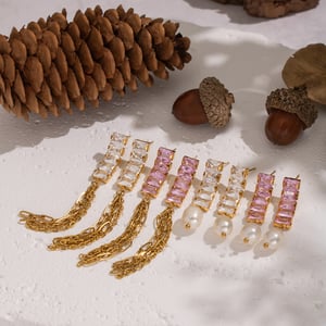 1 Pair Luxurious Tassel Stainless Steel Gold Color Zircon Dangle Earrings h5 Picture4