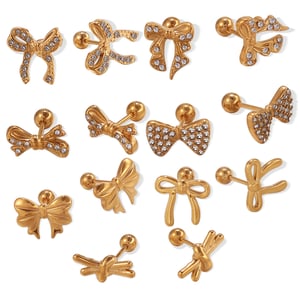 1 Pair Bow Knot Stainless Steel Gold Color Rhinestone Piercing Earrings h5 Picture4
