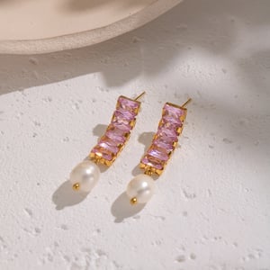 1 Pair Luxurious Series Stainless Steel Gold Color  Pink Zircon Drop Earrings h5 Picture4