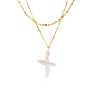1 Piece Elegant Cross Stainless Steel Gold Color Pearl Women's Pendant Necklaces h5