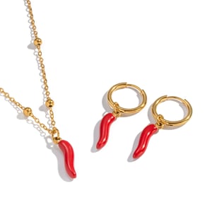 Enamel Chili Stainless Steel Gold Color Necklace Set h5 Picture5