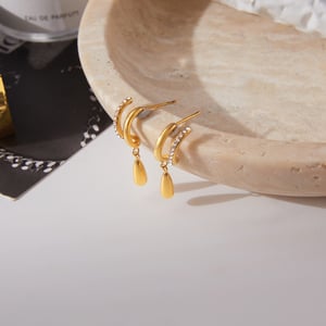 1 Pair Gorgeous Droplet Stainless Steel Gold Color Zircon Women's Drop Earrings h5 Picture7