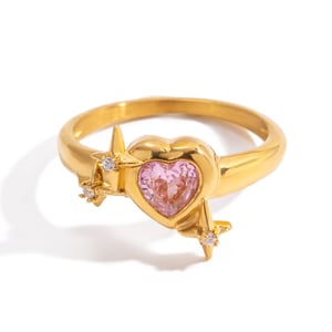 1 Piece Glamorous Pink Heart Stainless Steel Gold Color Zircon Women's Gemstone Rings h5