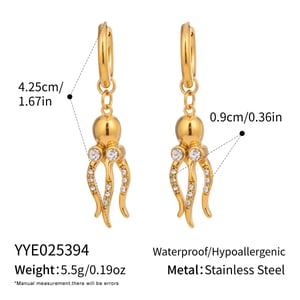 1 Pair Octopus Shape Stainless Steel Gold Color Zircon Drop Earrings h5