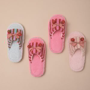 1 Pair Color-blocking Striped Bow Cherry Home Plush Slippers h5 Picture3