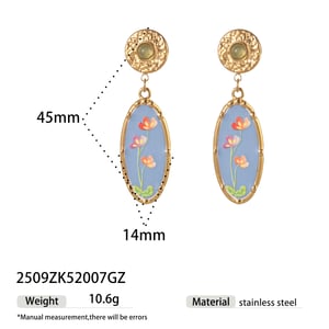 1 Pair Romantic Enamel Flower Stainless Steel  Gold Color Natural Stone Drop Earrings h5