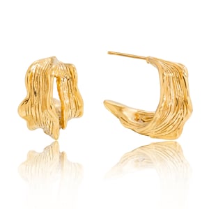 1 Pair Irregular Hammer Pattern Stainless Steel Gold Color Women's Hoop Earrings h5