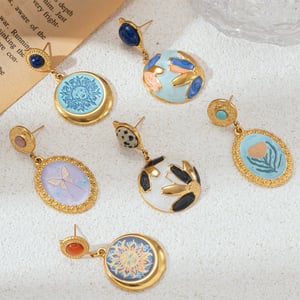 1 Pair Romantic Enamel Flower Stainless Steel  Gold Color Drop Earrings h5 Picture3