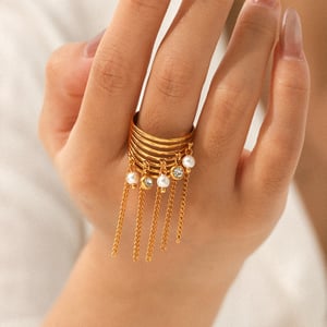 1 Piece Tassel Stainless Steel  Gold Color Zircon Statement Ring h5 Picture6
