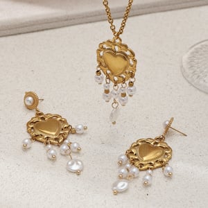 Heart Stainless Steel Gold Color Tassel Pearl Necklaces Set h5 Picture3