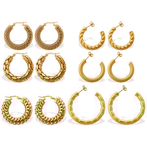 1 paio di orecchini a cerchio in acciaio inossidabile color oro dalla forma irregolare h5 Immagine4