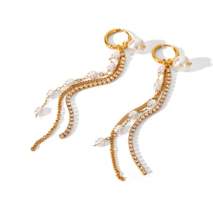 1 Pair Luxurious Series Tassel Stainless Steel Gold Color Zircon Dangle Earrings h5