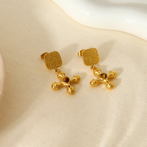 1 Paar Retro-Kreuz-Ohrhänger aus Edelstahl in Goldfarbe mit Naturstein h5 Bild4