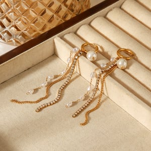 1 Pair Luxurious Series Tassel Stainless Steel Gold Color Zircon Dangle Earrings h5 Picture3