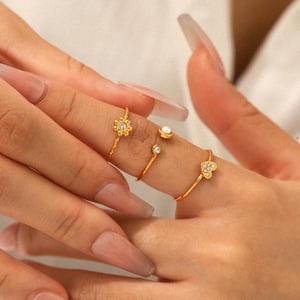 Flower Heart Stainless Steel Gold Color Zircon Rings Set h5 Picture3