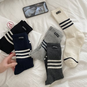 1 Pair White Tower Striped Sports & Casual Pure Cotton Women's Mid-Calf Socks h5 Picture3