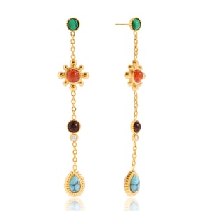 1 paire de boucles d&#39;oreilles pendantes en acier inoxydable polychrome avec pierres naturelles couleur or pour femme h5 