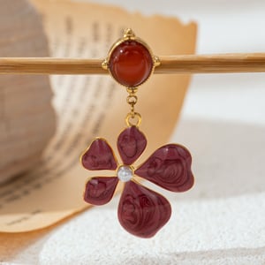 1 Pair Retro Enamel Flower Stainless Steel  Gold Color  Natural Stone Drop Earrings h5 Picture4