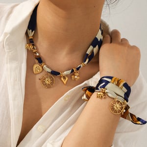 Stainless Steel Heart Gold Color Fabric Pendant Necklace Set h5 Picture4