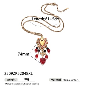Retro Heart Stainless Steel Gold Color Crystal Tassel Natural Stone Necklace Set h5