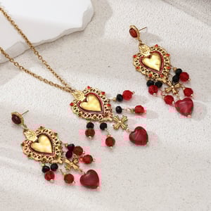 Retro Heart Stainless Steel Gold Color Crystal Tassel Natural Stone Necklace Set h5 Picture4