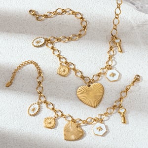 Retro Heart Enamel Bee Stainless Steel  Gold Color Necklaces Sets h5 Picture2