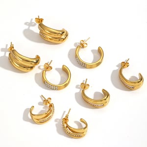 1 paire de boucles d&#39;oreilles créoles en acier inoxydable en forme de C avec strass h5 Image3