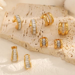 1 paire de boucles d&#39;oreilles créoles en acier inoxydable doré avec strass, en forme de C h5 Image2