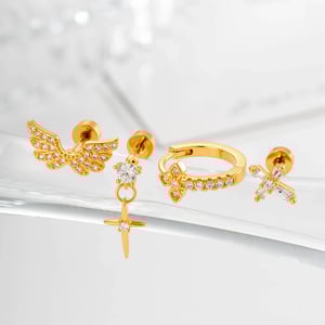 Boucles d'oreilles piercing femme en cuivre et zircon, motif ailes en croix (1 pièce) h5 Image3