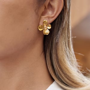 1 Pair Dazzling Flower Stainless Steel Gold Color Zircon Women's Stud Earrings h5 Picture3