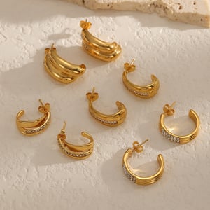 1 paire de boucles d&#39;oreilles créoles en acier inoxydable en forme de C avec strass h5 Image2
