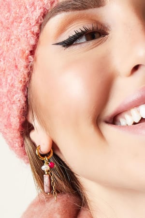 Earrings rectangular stone and beads Pink & Gold Color Stainless Steel h5 Picture2