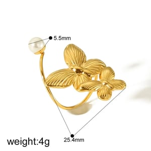 1 piece of exquisite and elegant  gold-plated stainless steel irregular flower butterfly pearl open ring for women's jewelry for daily wear h5
