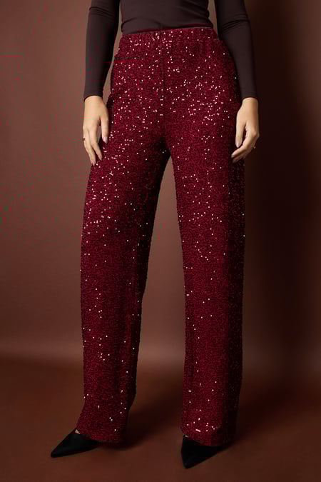 Woven Polyester Fiber Women's Straight Pants Elegant Sequins