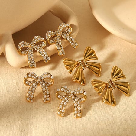 1 pair simple series sweet bow knot stainless steel  gold plated artificial pearl women stud earrings