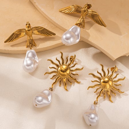 1 Pair Sun Stainless Steel Gold Color Drop Earrings 2