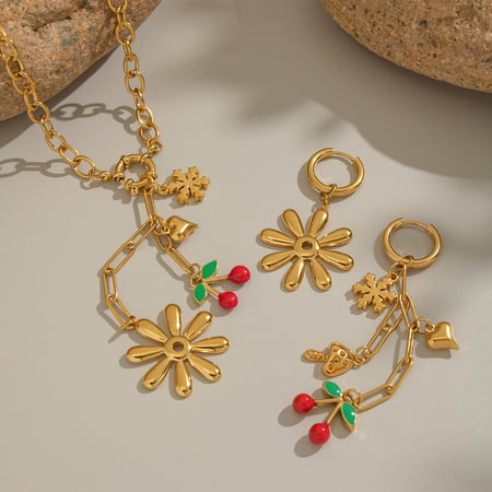 Romantik Çiçek Kiraz Paslanmaz Çelik Altın Rengi Kolye Seti 2