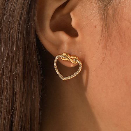 1 paio di orecchini a bottone semplici da donna in acciaio inossidabile color oro con zirconi a forma di cuore