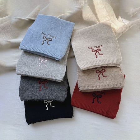 1 Stück einfarbiger Winterschal aus Viskose und Wolle mit Schleife und Stickerei 2