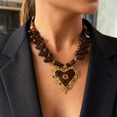 1 Piece Leopard Resin Beads Heart Pendant Necklace 2