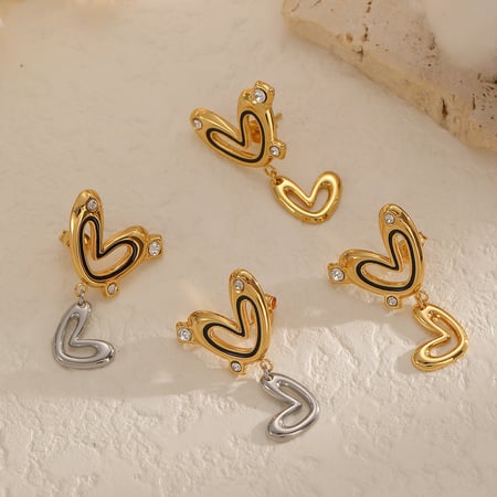 1 paire de boucles d&#39;oreilles pendantes classiques en forme de cœur, en acier inoxydable doré et ornées de strass 2